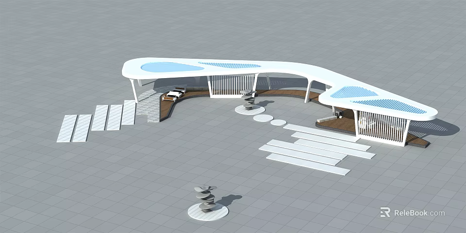 Modern Curved Pergola With White Structure Blue Pools Steps And Platforms 3d model 