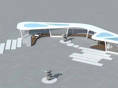 Modern Curved Pergola With White Structure Blue Pools Steps And Platforms 3d model
