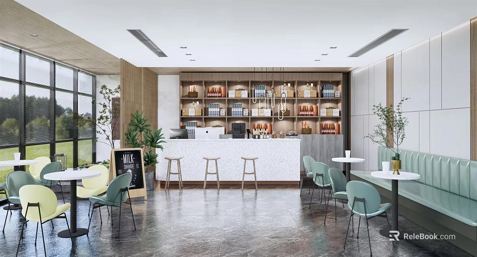 Modern Coffee Shop Interior Design With Bar Counter Green Chairs Tables And Potted Plants 3d model 