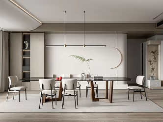 Modern Restaurant Dining Table and Chair Chandelier Wall Decoration Green Plant Pot Carpet 3d model
