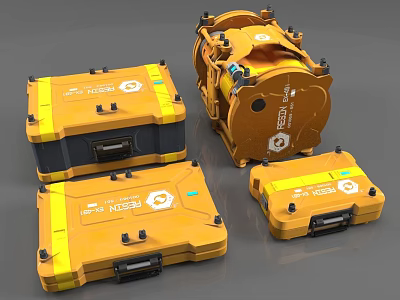 Yellow Industrial Equipment Toolboxes With Multiple Sizes Secure Locks And Labels 3d model