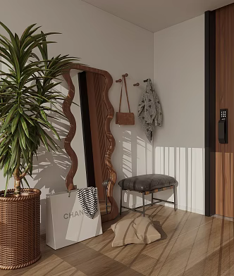 Middle Ancient Entrance Full-body Mirror Shoe-changing Stool Potted Clothes Hanging Rod 3d model