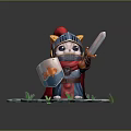 Cute Cat Knight Animated Game Character With Armor Helmet Shield Sword On Stone Path Grass 3d model