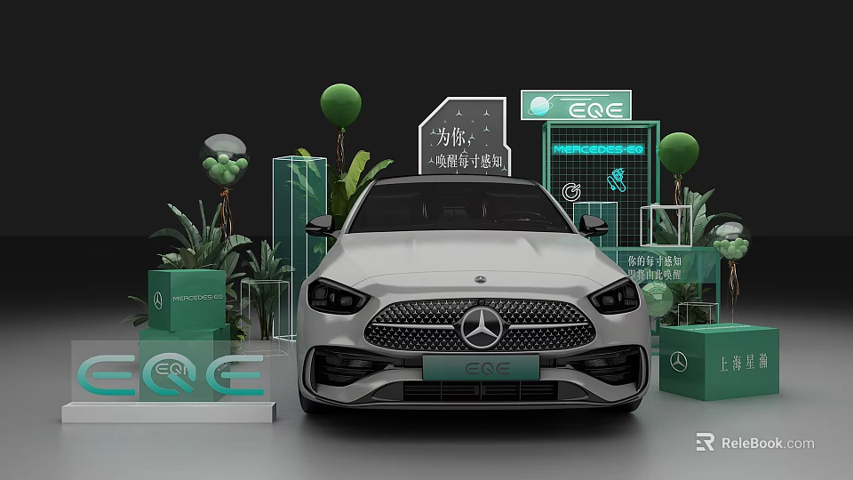 White Mercedes EQE Electric Vehicle Display With Green Plants And Brand Signage 3d model 