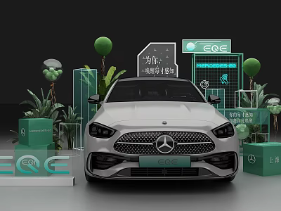 White Mercedes EQE Electric Vehicle Display With Green Plants And Brand Signage 3d model