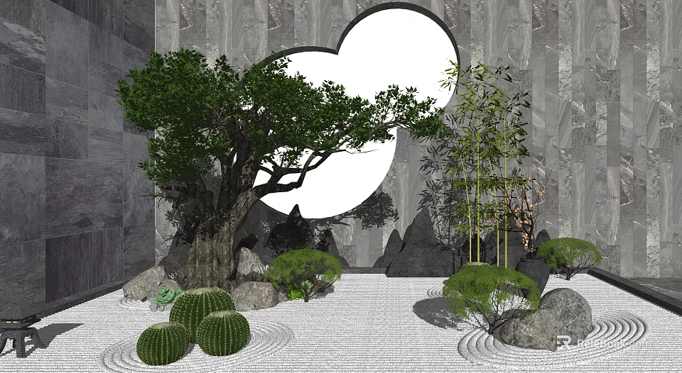 Traditional Courtyard Garden Featuring Circular Opening Stone Wall Large Tree Bamboo Cacti Rocks and Gravel 3d model 