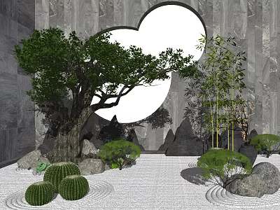 Traditional Courtyard Garden Featuring Circular Opening Stone Wall Large Tree Bamboo Cacti Rocks and Gravel 3d model