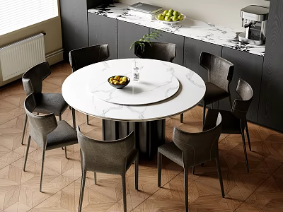 Modern Restaurant Dining Space With Round Marble Table Gray Chairs And Dark Cabinets 3d model