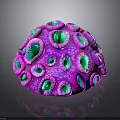 Vibrant Purple And Green Coral Hemispherical Shape With Textured Pores On Black Background