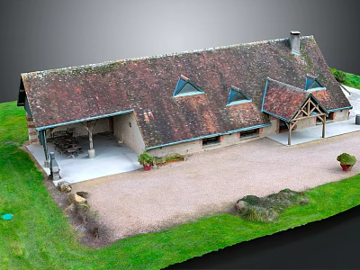 Cartoon Scene Featuring Country House with Brown Roof Triangle Windows Gravel Yard and Green Lawn 3d model