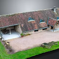Cartoon Scene Featuring Country House with Brown Roof Triangle Windows Gravel Yard and Green Lawn