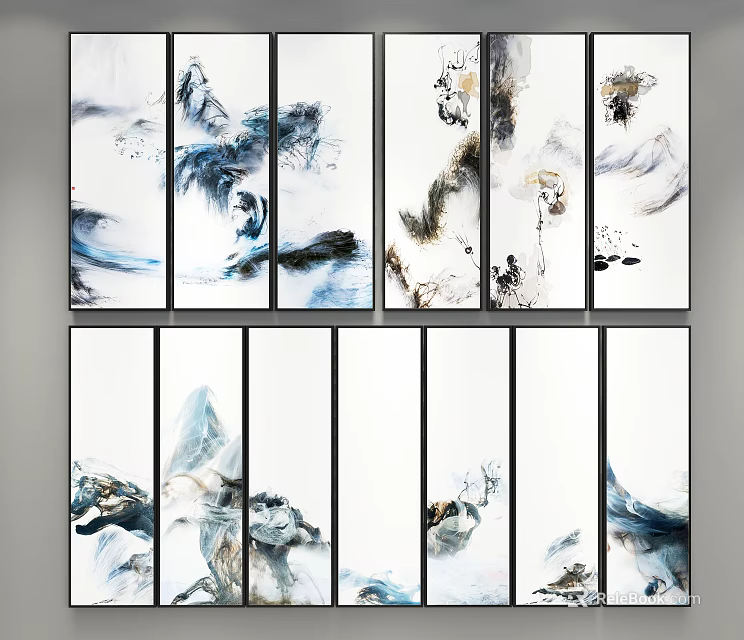 Multiple Panel Abstract Paintings With Oriental Ink Style Flowing Lines And Natural Elements 3d model 