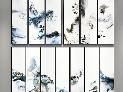 Multiple Panel Abstract Paintings With Oriental Ink Style Flowing Lines And Natural Elements 3d model