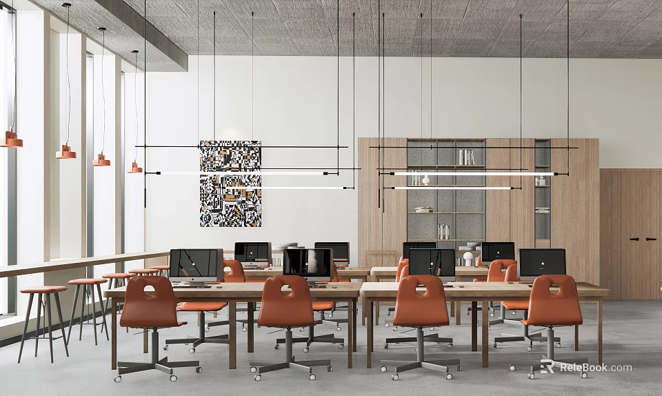Modern Public Office Space With Desks Orange Chairs Computers And Hanging Lights 3d model 