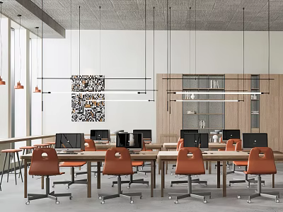 Modern Public Office Space With Desks Orange Chairs Computers And Hanging Lights 3d model