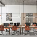 Modern Public Office Space With Desks Orange Chairs Computers And Hanging Lights