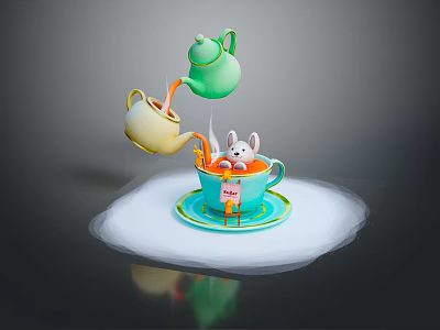 Colorful Tea Set with Green Teapot Pouring Tea into Blue Teacup and Rabbit on Saucer 3d model