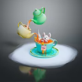 Colorful Tea Set with Green Teapot Pouring Tea into Blue Teacup and Rabbit on Saucer 3d model