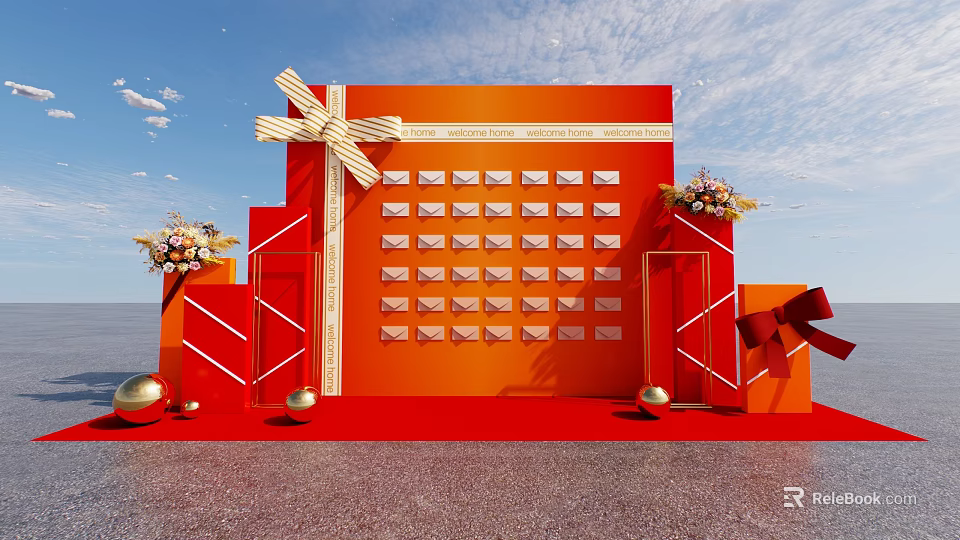 Red Gift Redemption Wall With Golden Bow Flower Decor And Multiple Compartments 3d model