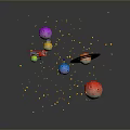 Modern Space Themed Scene Featuring Blue Planet Colorful Small Planets Red Toy Plane Yellow Stardust