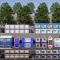 Construction Site Temporary Container Buildings With Blue White Orange Structures And Trees 3d model