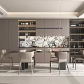Elegant Modern Restaurant Interior With Dining Table Chairs Marble Wall Pendant Lighting And Cabinets