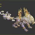 Mythical Creature With White Fur Purple Body Flame Decorations Red Patterns And Curled Tail
