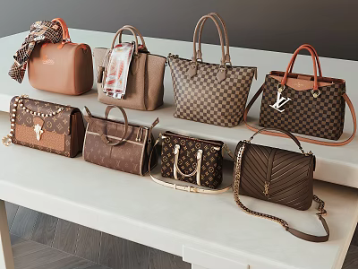 Trendy Brown Leather Handbags Various Styles Checkered Patterns Silk Scarf And Rivet Decor Details 3d model