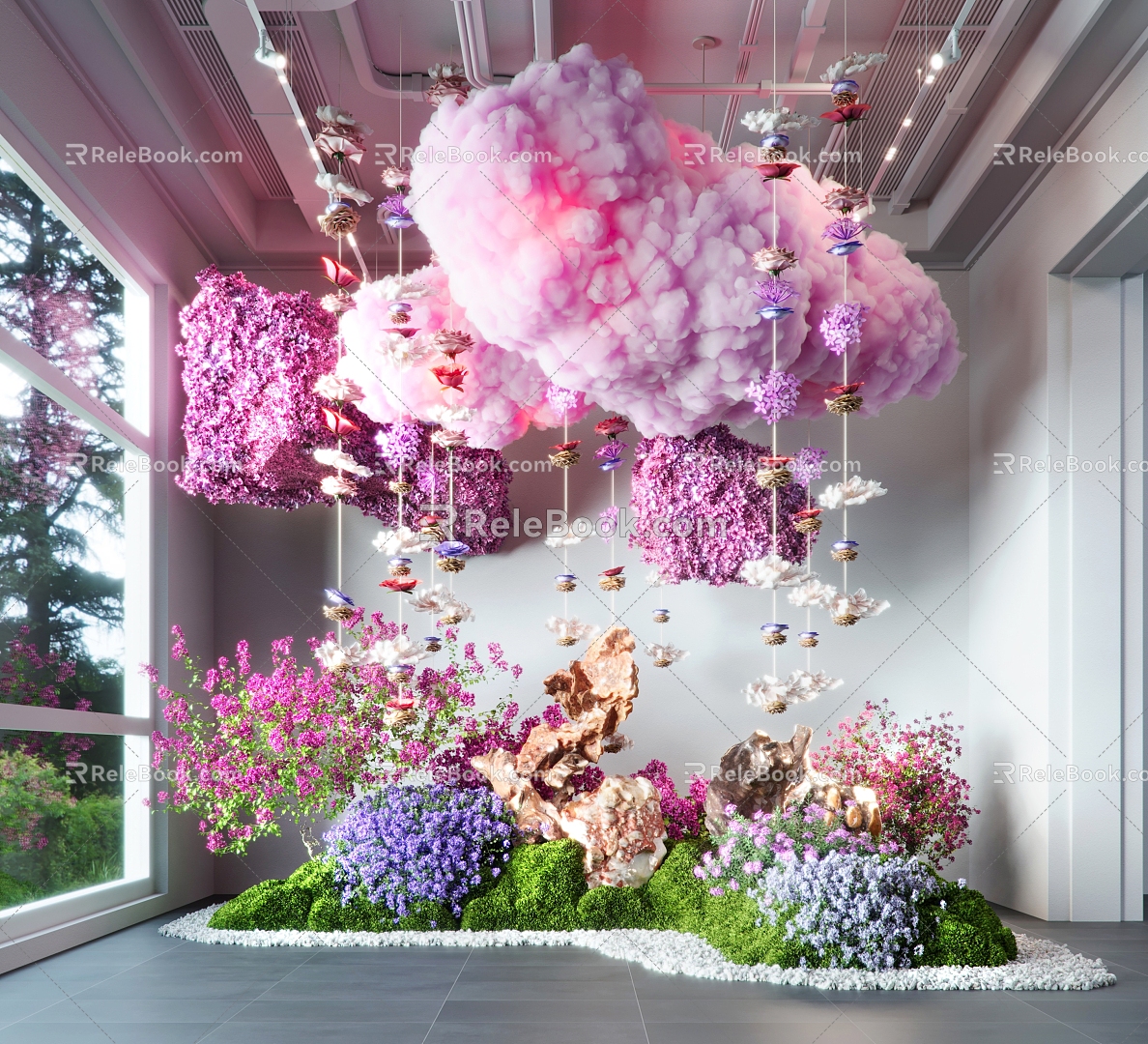 Modern indoor installation landscaping clouds moss flowers shrub landscape stone gravel 3d model