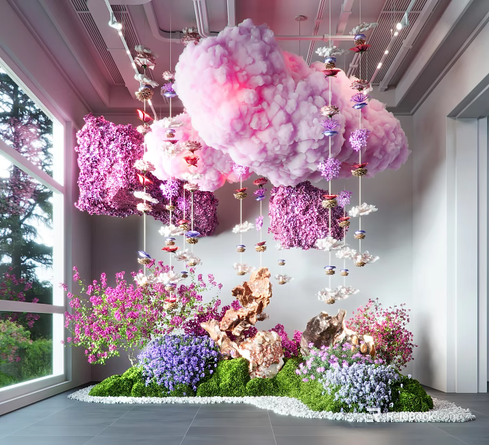 Vibrant Indoor Landscape With Hanging Pink Purple Cloud Decorations Colorful Flowers And Green Plants 3d model 