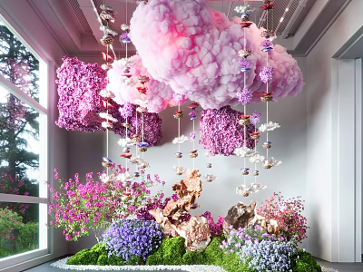 Vibrant Indoor Landscape With Hanging Pink Purple Cloud Decorations Colorful Flowers And Green Plants 3d model