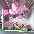 Vibrant Indoor Landscape With Hanging Pink Purple Cloud Decorations Colorful Flowers And Green Plants