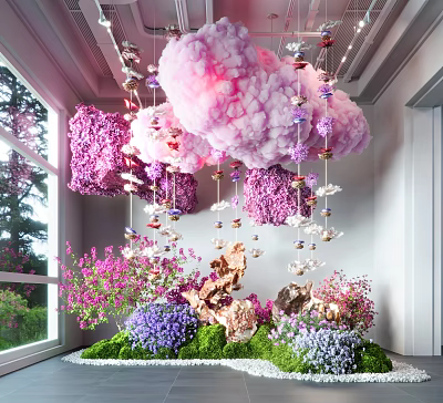 Vibrant Indoor Landscape With Hanging Pink Purple Cloud Decorations Colorful Flowers And Green Plants 3d model