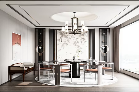 Box Dining Room Round Dining Table Chandelier Decorative Background Wall Single Chair Side Cabinet 3d model