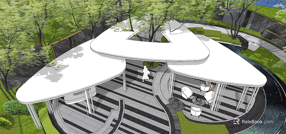 Modern Garden Landscape With Curved White Roof Trees And Striped Pavement Seating Area 3d model 