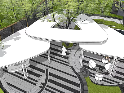 Modern Garden Landscape With Curved White Roof Trees And Striped Pavement Seating Area 3d model