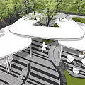 Modern Garden Landscape With Curved White Roof Trees And Striped Pavement Seating Area