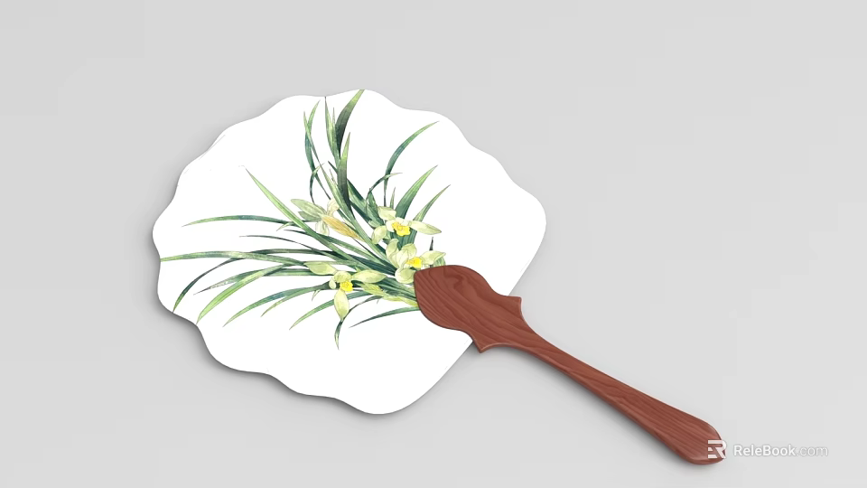 Floral Pattern Fan With Wooden Handle Green Leaves And Yellow Flowers On White Surface 3d model 