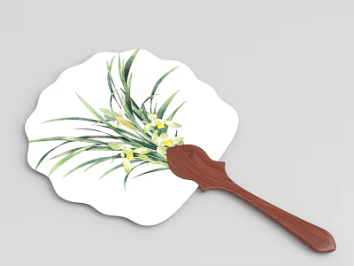 Floral Pattern Fan With Wooden Handle Green Leaves And Yellow Flowers On White Surface 3d model