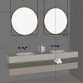 Modern Bathroom Interior With Double Circular Backlit Mirrors Gray Tiled Walls And Wooden Vanity