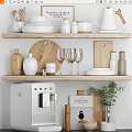 Minimalist Kitchen Shelves with Coffee Machine Wine Glasses Wooden Cutting Boards and Green Plant