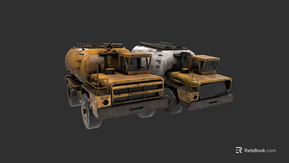 Two Old Yellow And White Concrete Mixer Trucks In Industrial Style 3d model 