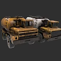 Two Old Yellow And White Concrete Mixer Trucks In Industrial Style