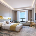 Hotel Room Modern Interior With King Bed Flat Screen TV Patterned Carpet And Bedside Lamps