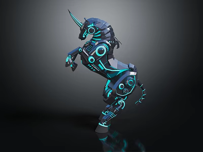 Futuristic Mechanical Unicorn With Blue Glowing Lines And Circular Accents In Rearing Stance 3d model