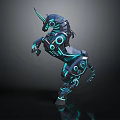 Futuristic Mechanical Unicorn With Blue Glowing Lines And Circular Accents In Rearing Stance