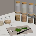 Kitchen Tableware Set with Glass Storage Jars Wooden Cutting Board Knife and Fresh Herbs