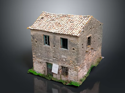 Old Stone House Architecture With Tile Roof Stone Walls Windows Small Sign And Green Plants 3d model