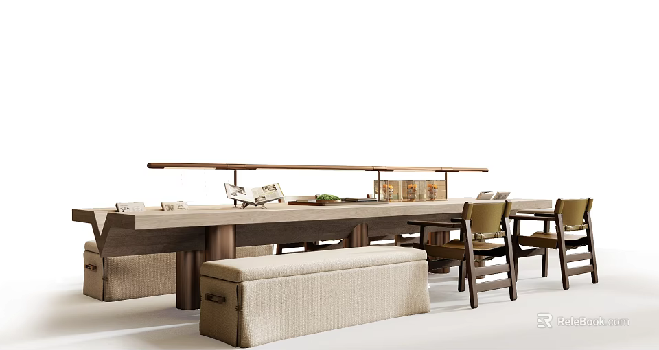 Modern Wooden Dining Table And Chair Set With Fabric Bench And Shelf Decor Items 3d model 