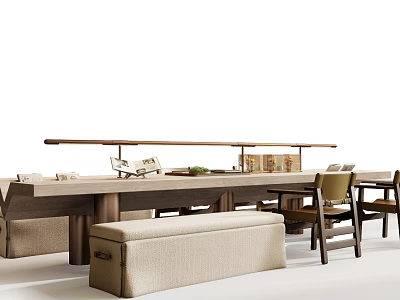 Modern Wooden Dining Table And Chair Set With Fabric Bench And Shelf Decor Items 3d model